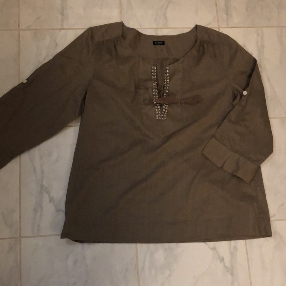 J crew tan light blouse. 3/4 sleeve. Neck tie and embellishments. EUC!